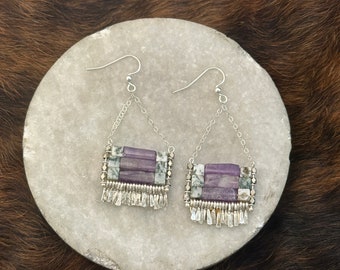 The "Carmine" earring: amethyst and moss agate stones with silver chain, earwire, hand forged fringe.