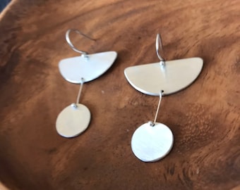 The "Bernadette" handmade silver earring, 925 sterling silver half circle with full circle dangling below medium size