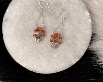 Smokey Grey quartz and orange carnelian earrings, sterling silver hand forged fringe earring
