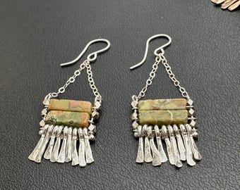 Carmine earring: rainforest jasper rectangle beads with silver chain, hand forged metal fringe