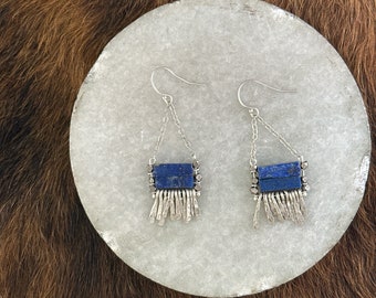 Carmine earring: lapis lazuli rectangle beads with silver chain, hand forged fringe