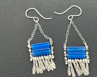 Carmine earring: blue onyx rectangle beads with silver chain, hand forged metal fringe