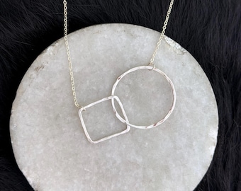 Interlocking Sterling Silver Circle and Square Necklace - Handmade shapes and 21" Chain