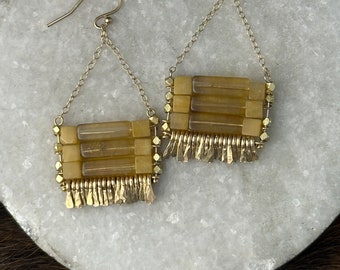 The "Carmine" earring: yellow fluroite and yellow jade with gold chain, earwire, hand forged fringe.