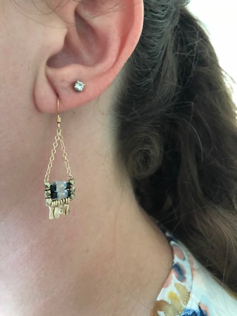 gold chain and gold earwire Fluorite and black glass cube beaded Carmine earring has irregular length handforged gold fringe