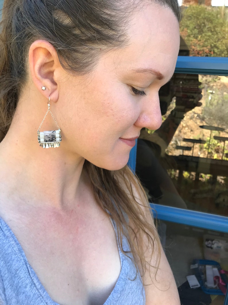 black rutilated quartz and mother of pearl with silver chain The Carmine earring earwire hand forged fringe.