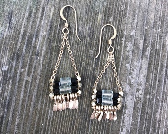 Fluorite and black glass cube beaded "Carmine" earring has irregular length handforged gold fringe, gold chain and gold  earwire