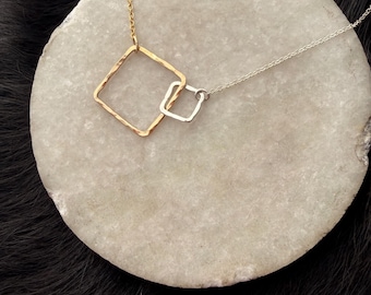 Sterling Silver Square & 14k Gold Fill Square Necklace, Handmade Geometric Jewelry 20 inch length