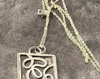 Sterling Silver square Pendant Necklace, Dark Swirl Design 20” length chain