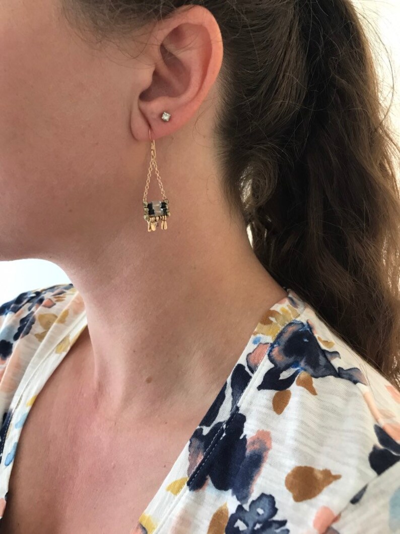 gold chain and gold earwire Fluorite and black glass cube beaded Carmine earring has irregular length handforged gold fringe