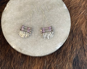 Fluorite and lepodite cube bead "Carmine" earring has handforged silver fringe, chain and earwires