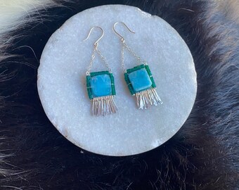 The “Carmine” earring: hammered sterling silver fringe, amazonite, green glass cube beads, sterling chain and hooks