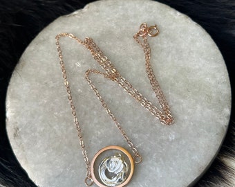 Rosa necklace round 14k rose gold circle with silver metal abstract rose in the center on delicate cable chain 17” length