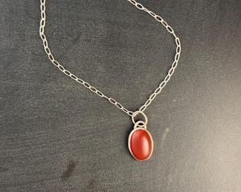 Oval Red Carnelian Pendant Necklace, Iridescent Stone Solitaire