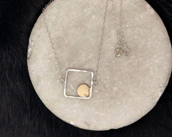 Leeda necklace small silver square and gold circle 17 inch length
