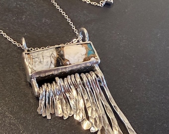 White Buffalo Turquoise Bronze Fringe Necklace, Sterling Silver Bib Pendant 18"