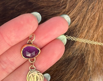 Rosa necklace pendant 14k gold fill metal and irregular oval rose cut purple amethyst stone and delicate 14K GF cable chain