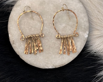 Vivian earrings, handformed arch hammered finished with hand forged fringe in 14k gold fill
