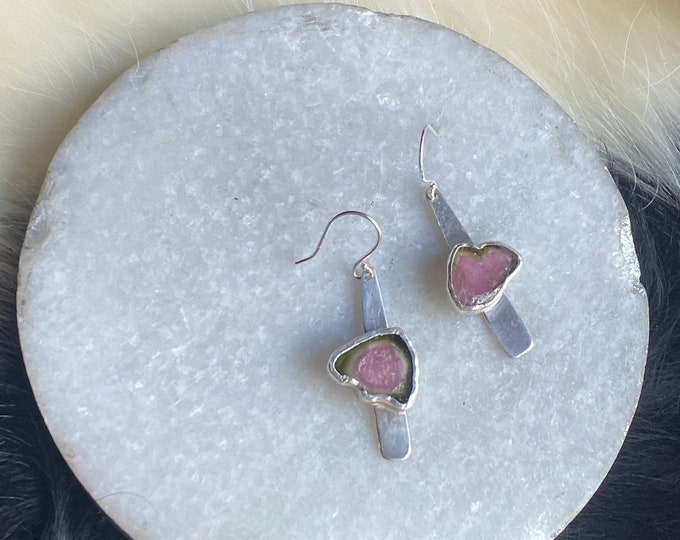 Featured listing image: The “Dana” earring,  two small watermelon tourmaline stone set on a strip of sterling silver fringe