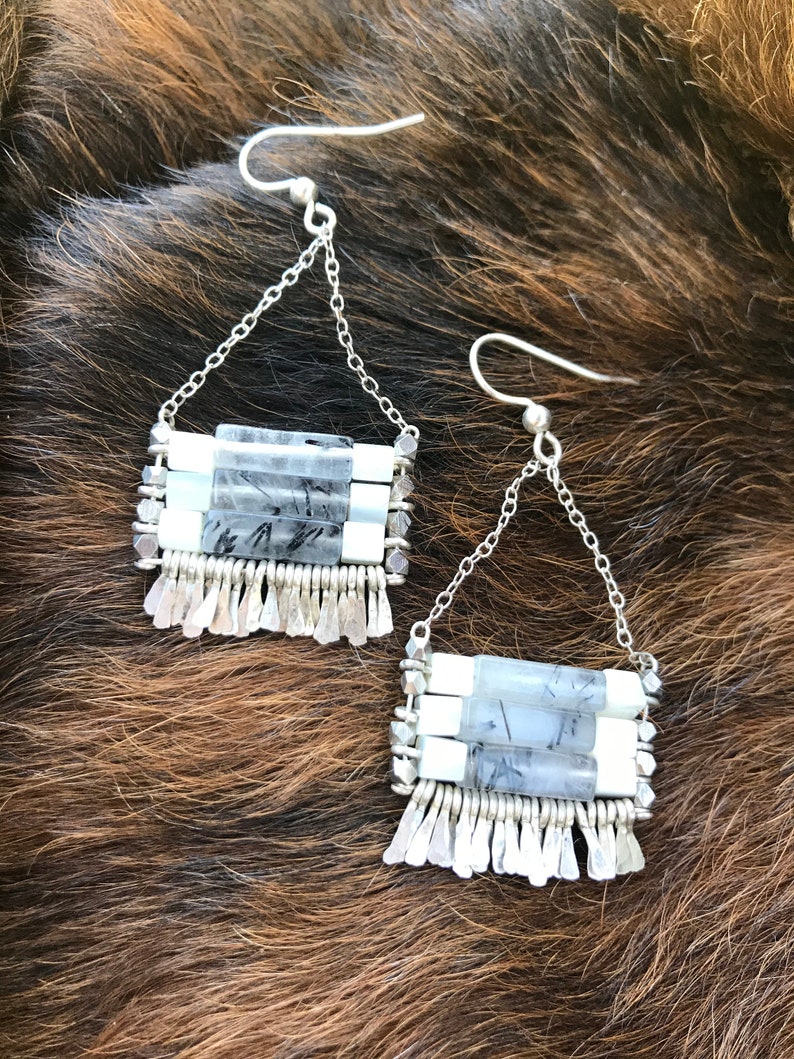 black rutilated quartz and mother of pearl with silver chain The Carmine earring earwire hand forged fringe.