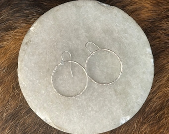 Circle Hoop, large size: Sterling Silver metal, hammered and forged texture, 1 inch