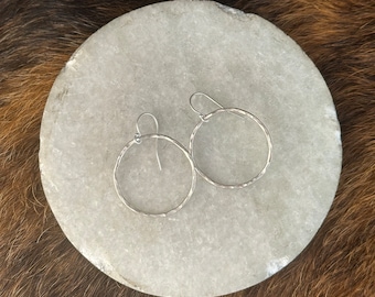 Silver hoops, hammered and forged texture, 1 inch