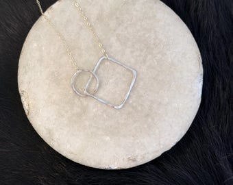 Interlocking Sterling Silver Circle and Square Necklace - Handmade shapes and 18" Chain
