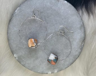 Silver hoops, hammered and forged texture, 1.5 inch with large cube spiny copper turquoise bead