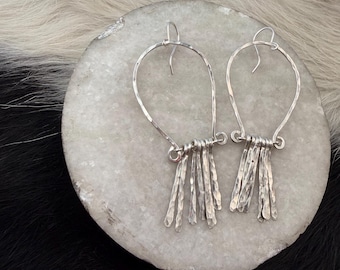 Vivian earrings, handformed arch hammered finished with hand forged fringe in streling silver