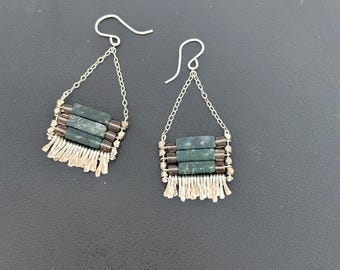 The "Carmine" earring: green moss agate and grey Smokey quartz cube stone beads with silver chain, earwire, hand forged fringe.