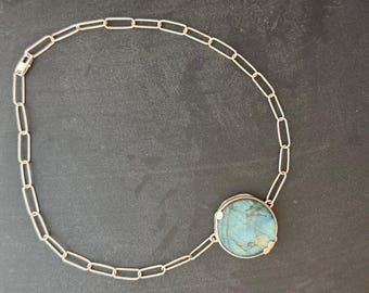 Circle chunky labradorite stone with circle geometric detail on handmade paper lip silver chain