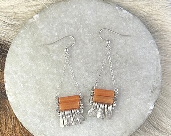 Carmine earring: orange carnelian rectangle beads with silver chain, hand forged fringe