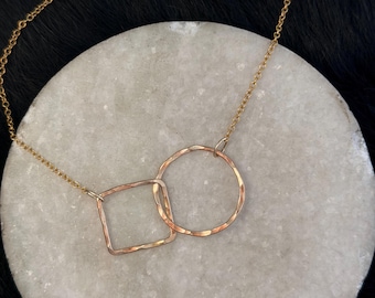 Hammered 14k Gold Fill Circle & Square Interlocking Necklace