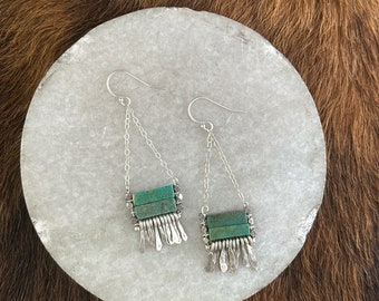 Carmine earring: Turquoise rectangle beads with silver chain, hand forged metal fringe