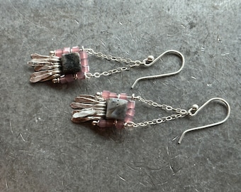 The "Carmine" earring: hammered silver fringe, black and grey labradorite stone, frosted purple cube beads, silver chain and ear wires