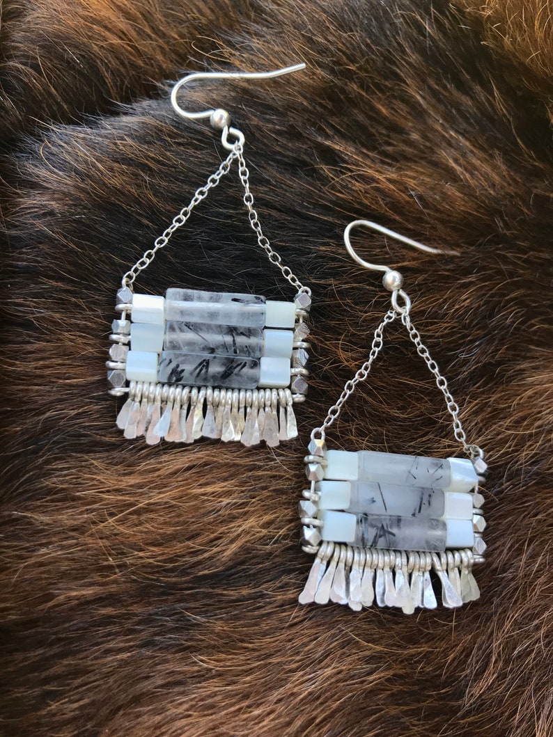 black rutilated quartz and mother of pearl with silver chain The Carmine earring earwire hand forged fringe.