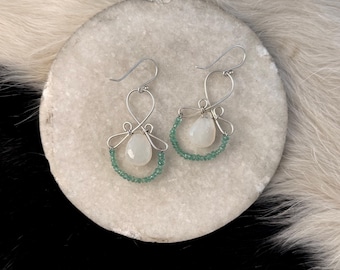 Handmade Sterling Silver Earrings: Chalcedony Teardrop & Emerald Beads