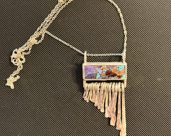 Mojave turquoise and bronze Bar stone and fringe style necklace handmade of sterling silver 22” length