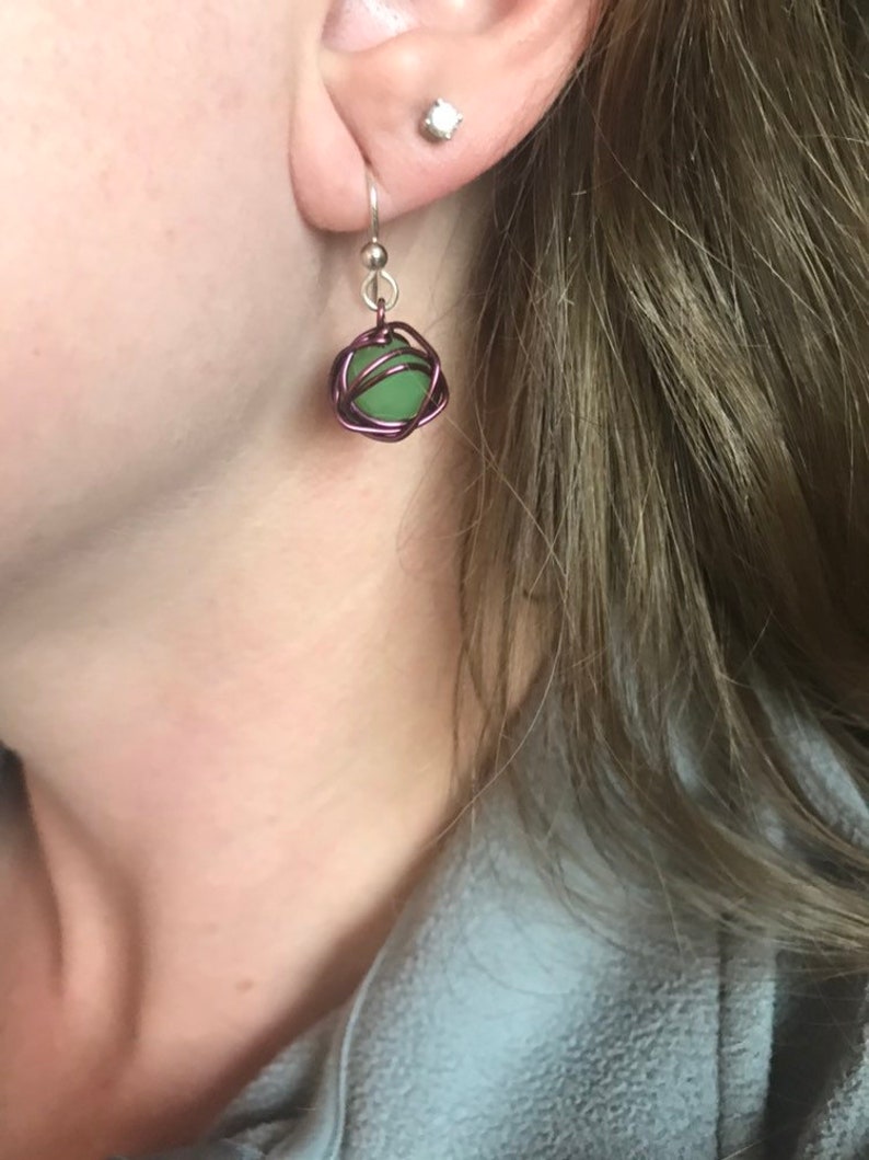 Leesa earring: bright green glass bead with purple colored wire and sterling silver earwire image 4