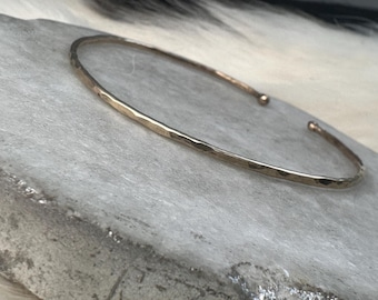 Hammered texture shiny finish 14k gold fill metal cuff bracelet with balled ends, 7 inch long large size, fits 7.5 up to 9 inch wrist