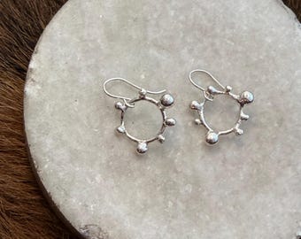 Sculpted Sterling Silver Circle Drop Earrings: 3D Accents