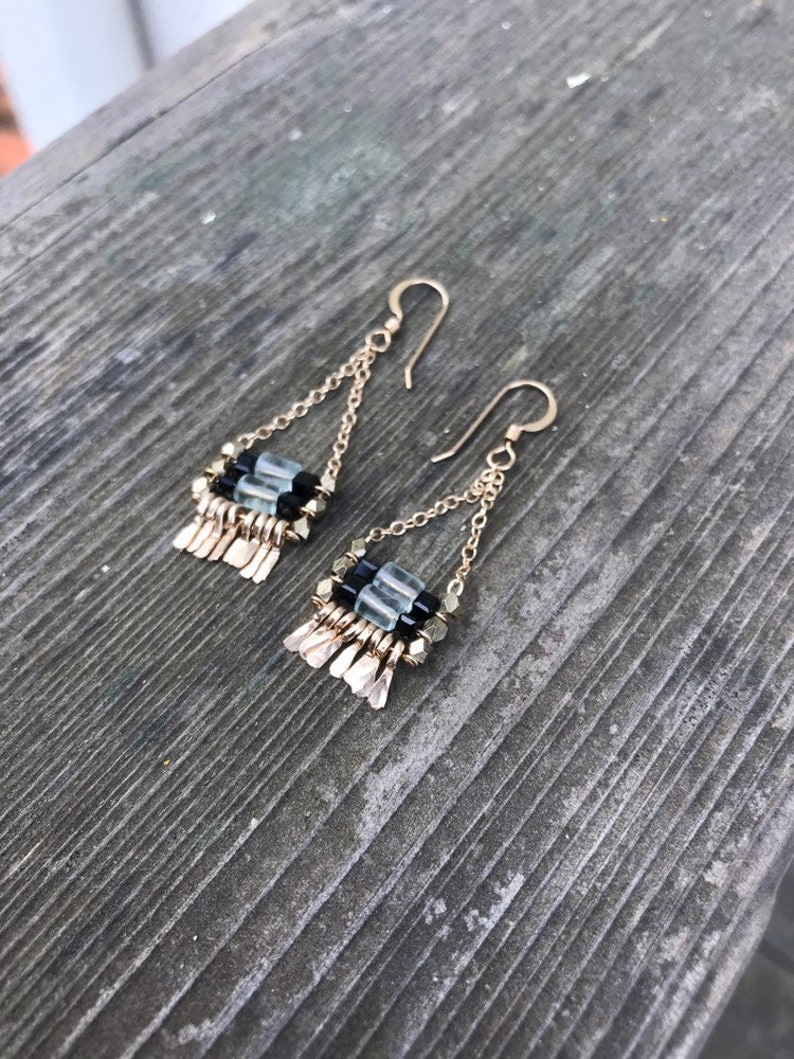 gold chain and gold  earwire Fluorite and black glass cube beaded Carmine earring has irregular length handforged gold fringe