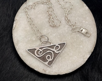 Sterling Silver Triangle Pendant Necklace, Dark Swirl Design