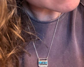Kingman turquoise Bar stone and fringe style necklace handmade of sterling silver 20” length