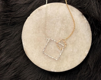Sterling Silver Square & 14k Gold Fill Square Necklace, Handmade Geometric Jewelry 18 inch length