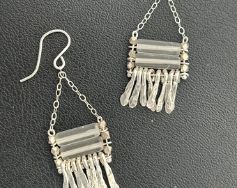 The "Carmine" earring: grey onyx with silver chain, earwire, hand forged fringe