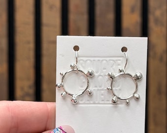 Sculpted Sterling Silver Circle Drop Earrings: 3D Accents