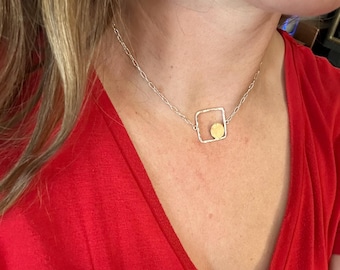 Leeda necklace medium silver square and gold circle 17 inch length
