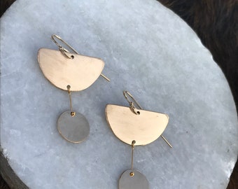 The "Bernadette" handmade 14k gold fill earring, half circle with full circle dangling below, medium size