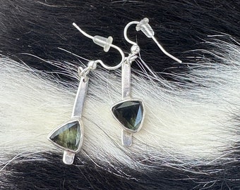 Natural Peridot with ludwigite stone “Dana” earring set on a strip of sterling silver metal fringe